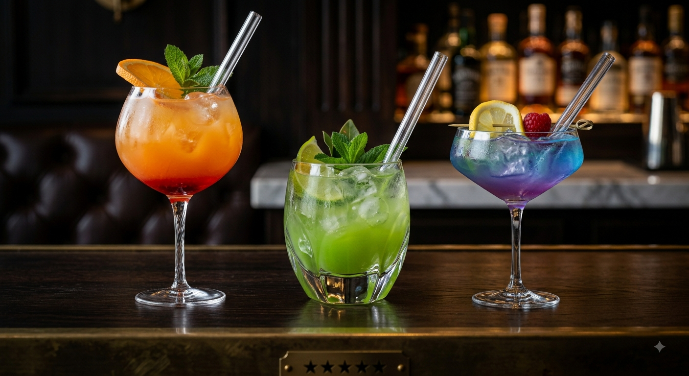 Three drinks with glass straws at the bar